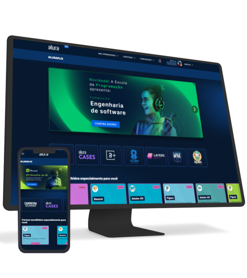 O monitor e o celular com alura plus aberto